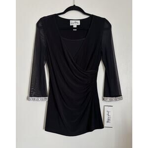 Black Joseph Ribkoff Drapey Blouse with Sheer Sleeves and Jewels 6